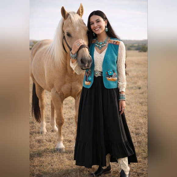 Source Unknown Jackets & Blazers - Southwestern Turquoise Vest With Cactus And Pottery Designs Size Medium/Large